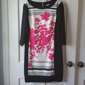 NEW YORK & CO KNIT SHIFT DRESS FLORAL BLACK WHITE PINK SIZE SMALL COLORBLOCK